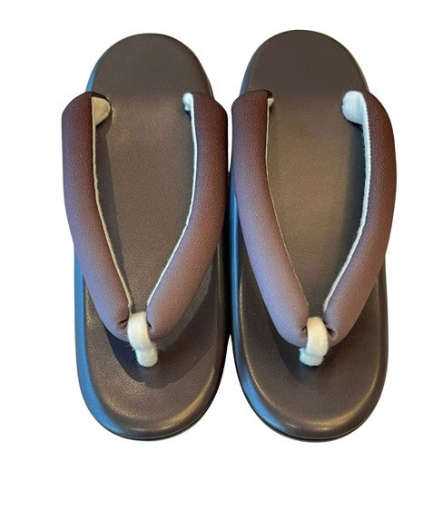Japanese Kimono Zori Sandals – Brown Faux Leather | Lightweight Waterproof Sole, Size 8