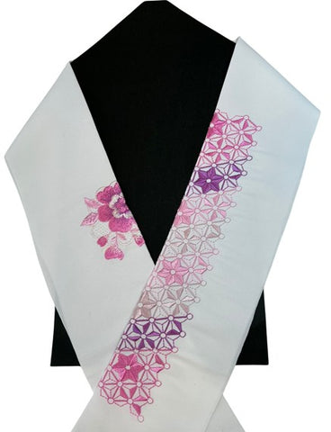 Embroidered Haneri Collar for Kimono – Pink & Purple Floral and Geometric Design