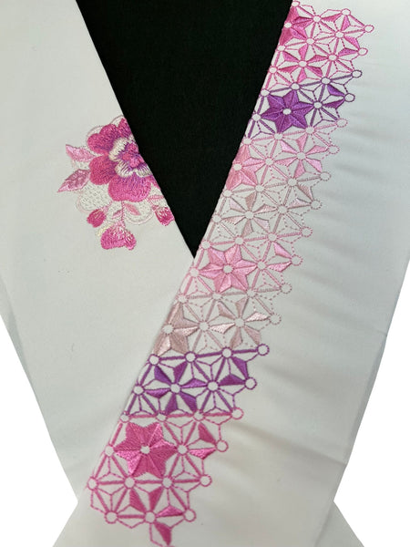 Embroidered Haneri Collar for Kimono – Pink & Purple Floral and Geometric Design