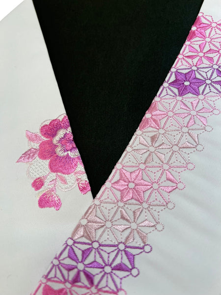 Embroidered Haneri Collar for Kimono – Pink & Purple Floral and Geometric Design