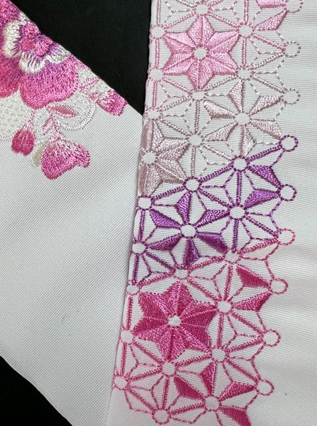 Embroidered Haneri Collar for Kimono – Pink & Purple Floral and Geometric Design