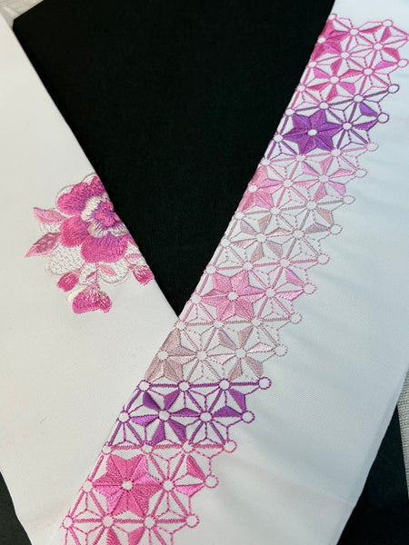 Embroidered Haneri Collar for Kimono – Pink & Purple Floral and Geometric Design