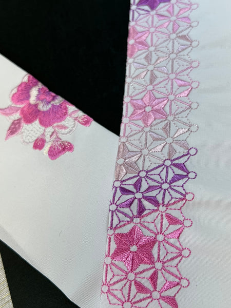 Embroidered Haneri Collar for Kimono – Pink & Purple Floral and Geometric Design