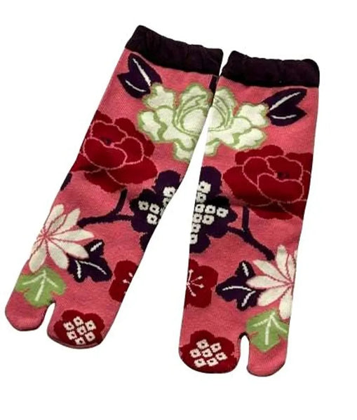 Tabi Crew Socks with Pink Floral Pattern – Japanese Split Toe Socks
