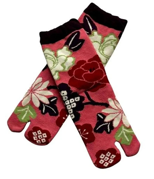 Tabi Crew Socks with Pink Floral Pattern – Japanese Split Toe Socks