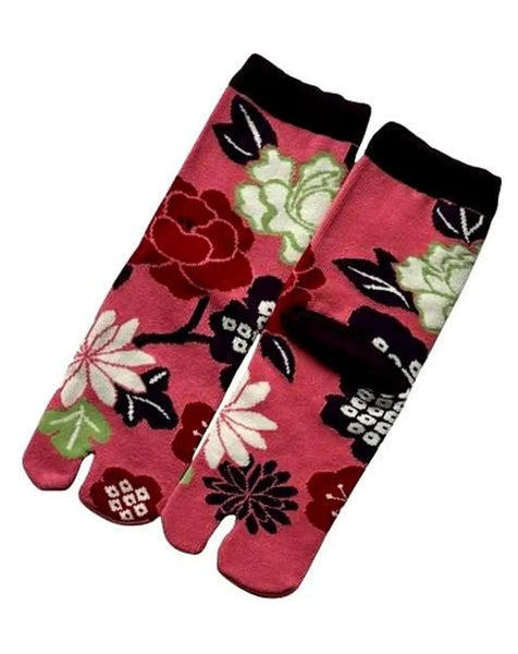 Tabi Crew Socks with Pink Floral Pattern – Japanese Split Toe Socks