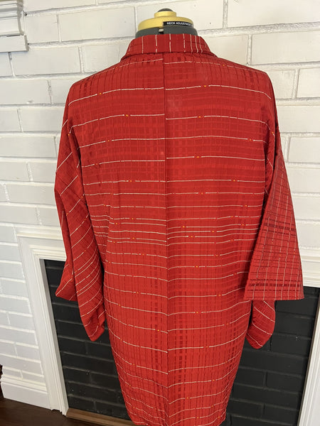 Authentic Women's Japanese Haori Kimono Jacket / Size Free, Striped pattern, Red