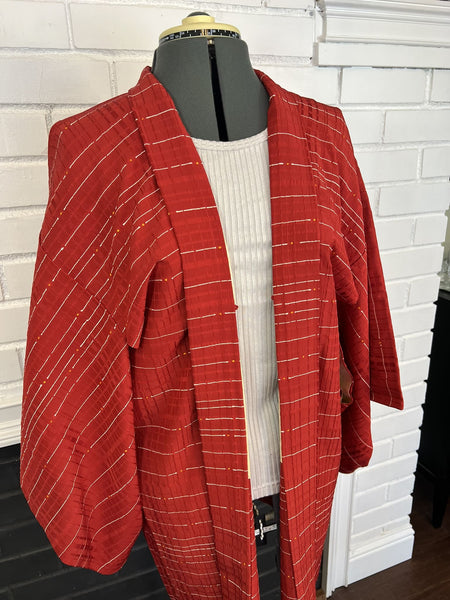 Authentic Women's Japanese Haori Kimono Jacket / Size Free, Striped pattern, Red