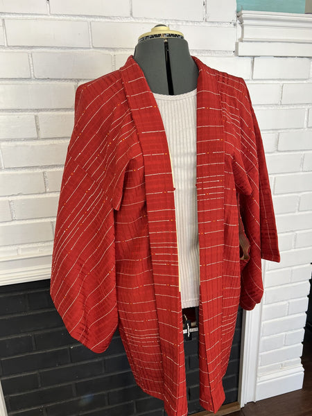 Authentic Women's Japanese Haori Kimono Jacket / Size Free, Striped pattern, Red