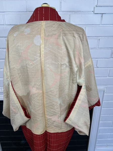 Authentic Women's Japanese Haori Kimono Jacket / Size Free, Striped pattern, Red