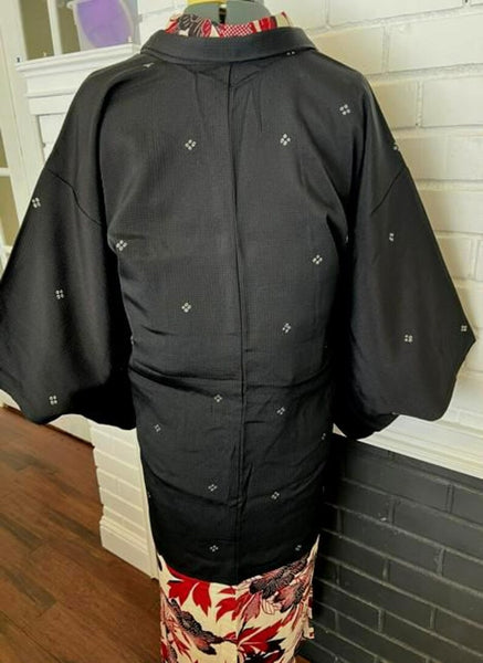 Vintage Black Haori Jacket – Lightweight Awase Kimono Coat with traditional scattered motif, Unisex