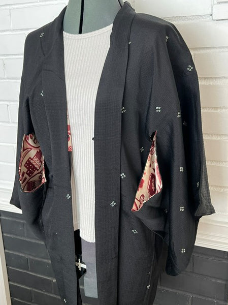 Vintage Black Haori Jacket – Lightweight Awase Kimono Coat with traditional scattered motif, Unisex