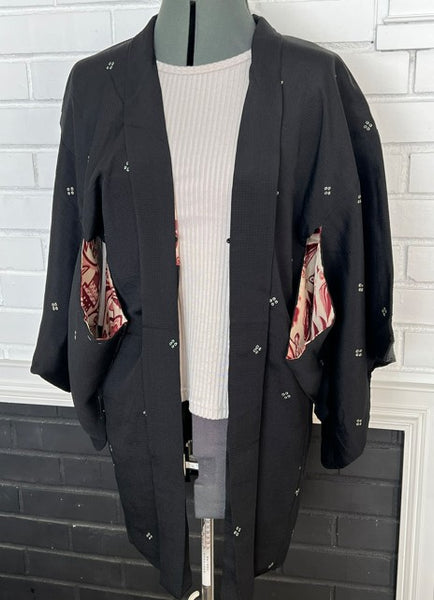 Vintage Black Haori Jacket – Lightweight Awase Kimono Coat with traditional scattered motif, Unisex