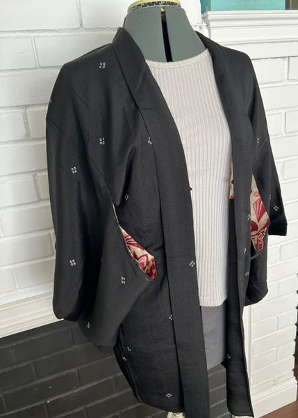 Vintage Black Haori Jacket – Lightweight Awase Kimono Coat with traditional scattered motif, Unisex