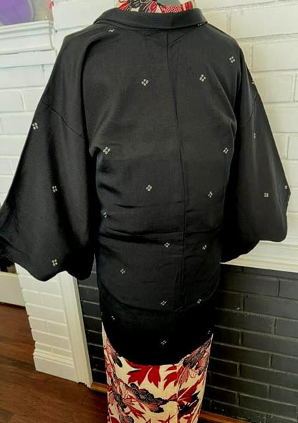 Vintage Black Haori Jacket – Lightweight Awase Kimono Coat with traditional scattered motif, Unisex