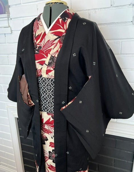 Vintage Black Haori Jacket – Lightweight Awase Kimono Coat with traditional scattered motif, Unisex