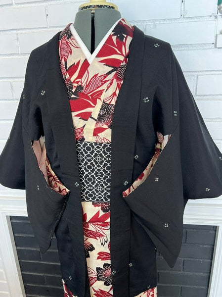 Vintage Black Haori Jacket – Lightweight Awase Kimono Coat with traditional scattered motif, Unisex