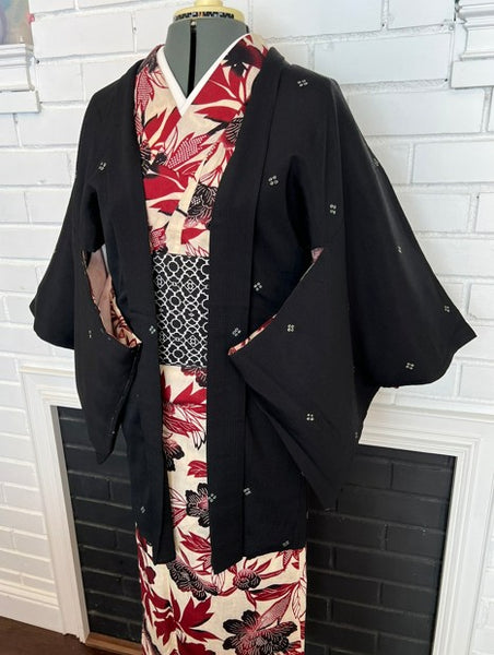 Vintage Black Haori Jacket – Lightweight Awase Kimono Coat with traditional scattered motif, Unisex