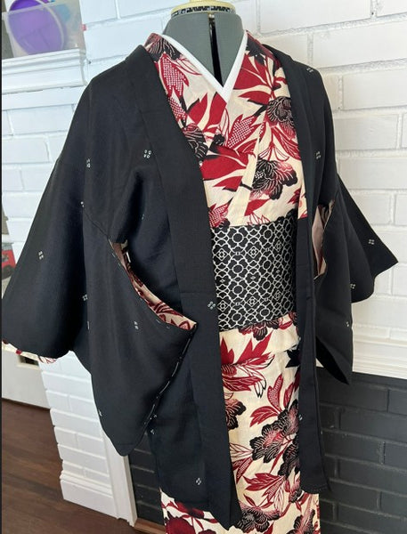 Vintage Black Haori Jacket – Lightweight Awase Kimono Coat with traditional scattered motif, Unisex