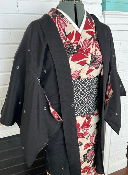 Vintage Black Haori Jacket – Lightweight Awase Kimono Coat with traditional scattered motif, Unisex