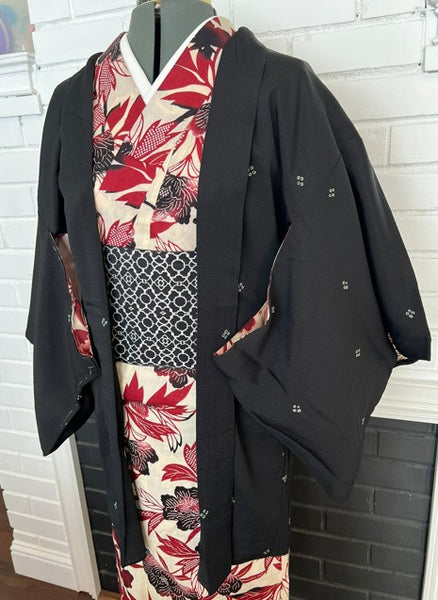 Vintage Black Haori Jacket – Lightweight Awase Kimono Coat with traditional scattered motif, Unisex