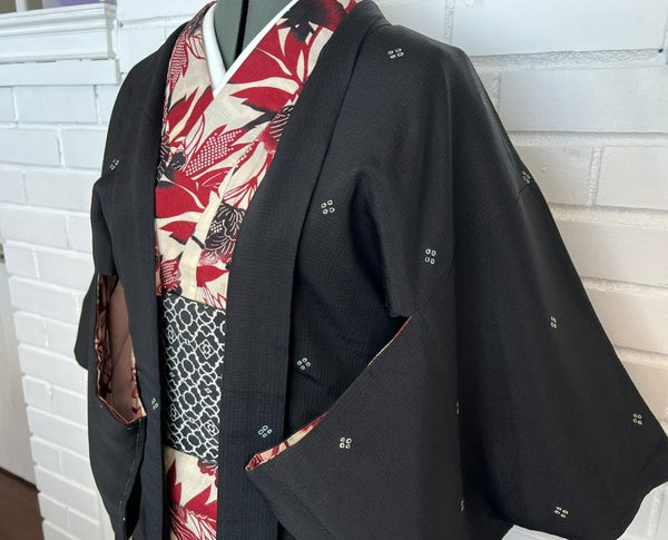Vintage Black Haori Jacket – Lightweight Awase Kimono Coat with traditional scattered motif, Unisex