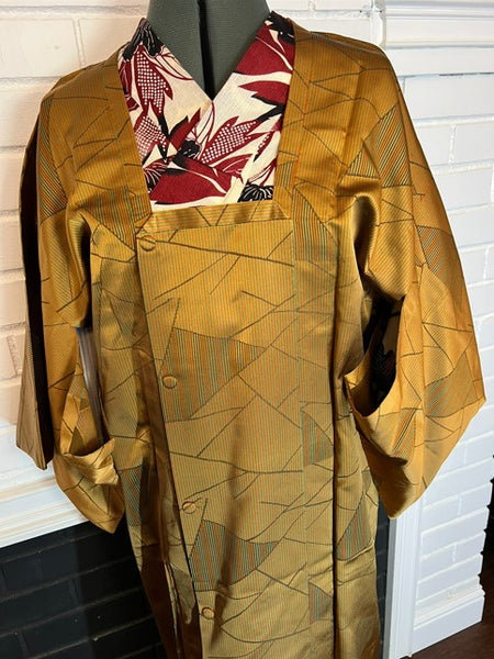 Vintage Long Silk Michiyuki Coat – Golden Mustard Japanese Kimono Overcoat