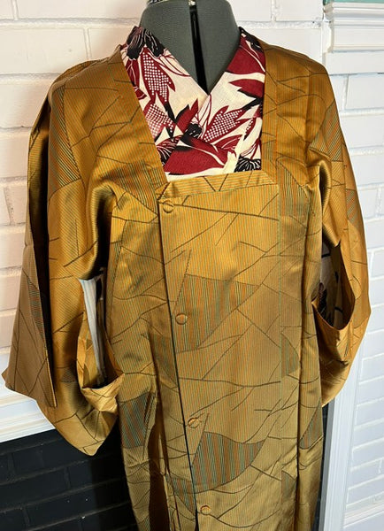 Vintage Long Silk Michiyuki Coat – Golden Mustard Japanese Kimono Overcoat