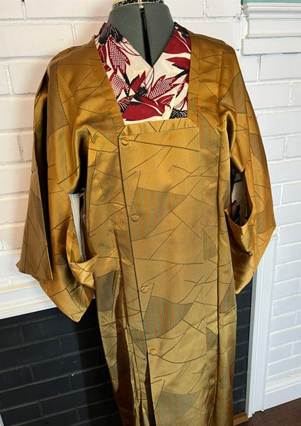 Vintage Long Silk Michiyuki Coat – Golden Mustard Japanese Kimono Overcoat