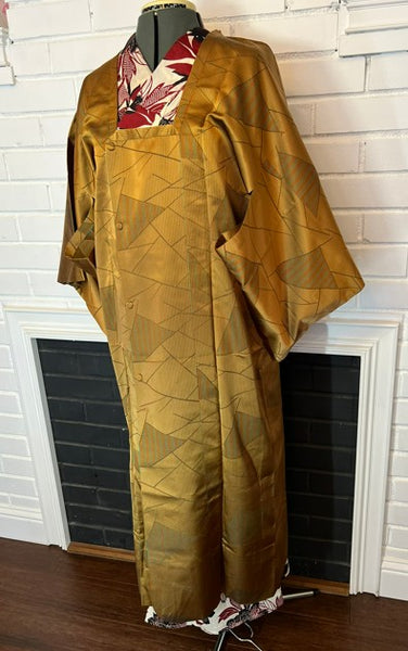 Vintage Long Silk Michiyuki Coat – Golden Mustard Japanese Kimono Overcoat