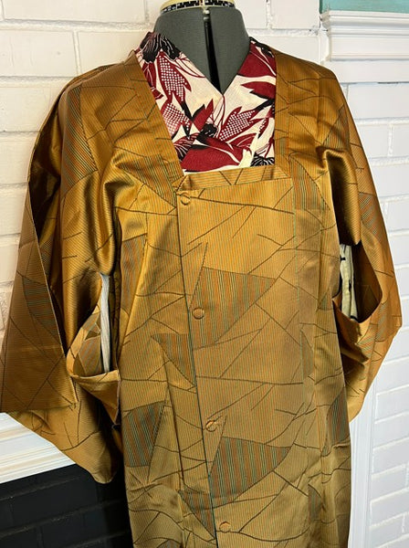Vintage Long Silk Michiyuki Coat – Golden Mustard Japanese Kimono Overcoat