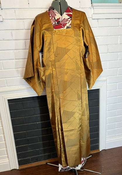 Vintage Long Silk Michiyuki Coat – Golden Mustard Japanese Kimono Overcoat