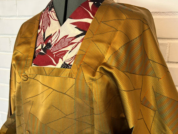 Vintage Long Silk Michiyuki Coat – Golden Mustard Japanese Kimono Overcoat