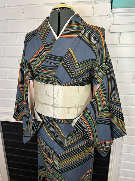 Vintage Japanese Kimono | Blue Gray Striped with Geometric Pattern| Traditional Women’s  Awase (Lined) Kimono