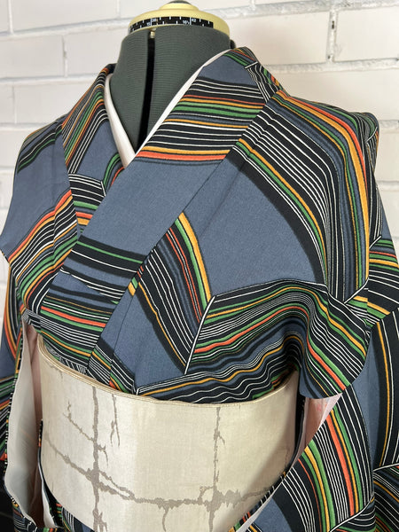 Vintage Japanese Kimono | Blue Gray Striped with Geometric Pattern| Traditional Women’s  Awase (Lined) Kimono