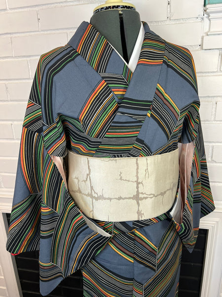 Vintage Japanese Kimono | Blue Gray Striped with Geometric Pattern| Traditional Women’s  Awase (Lined) Kimono