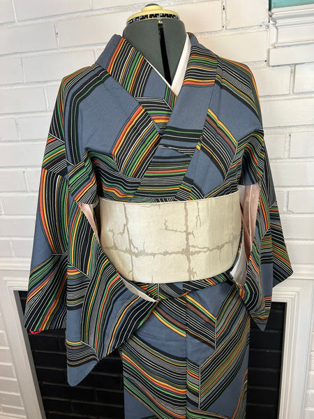Vintage Japanese Kimono | Blue Gray Striped with Geometric Pattern| Traditional Women’s  Awase (Lined) Kimono