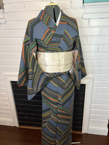 Vintage Japanese Kimono | Blue Gray Striped with Geometric Pattern| Traditional Women’s  Awase (Lined) Kimono