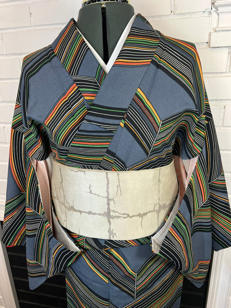 Vintage Japanese Kimono | Blue Gray Striped with Geometric Pattern| Traditional Women’s  Awase (Lined) Kimono