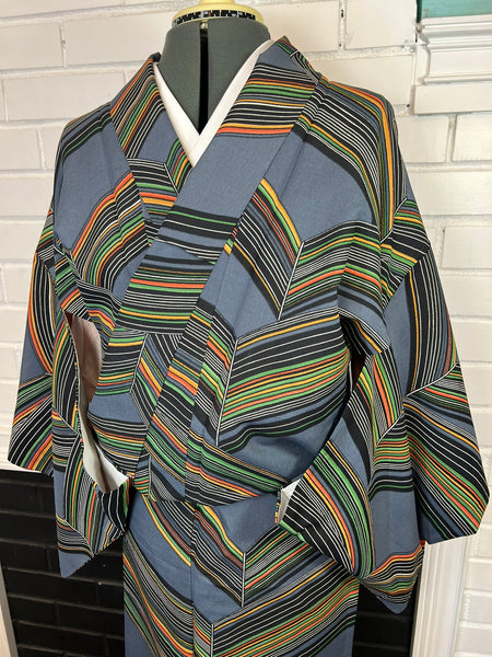 Vintage Japanese Kimono | Blue Gray Striped with Geometric Pattern| Traditional Women’s  Awase (Lined) Kimono