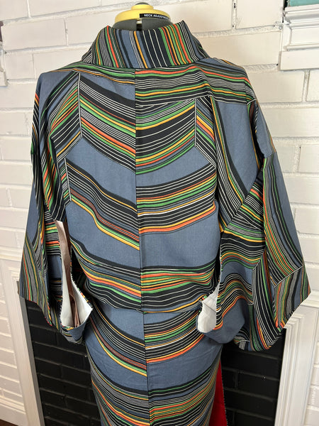 Vintage Japanese Kimono | Blue Gray Striped with Geometric Pattern| Traditional Women’s  Awase (Lined) Kimono