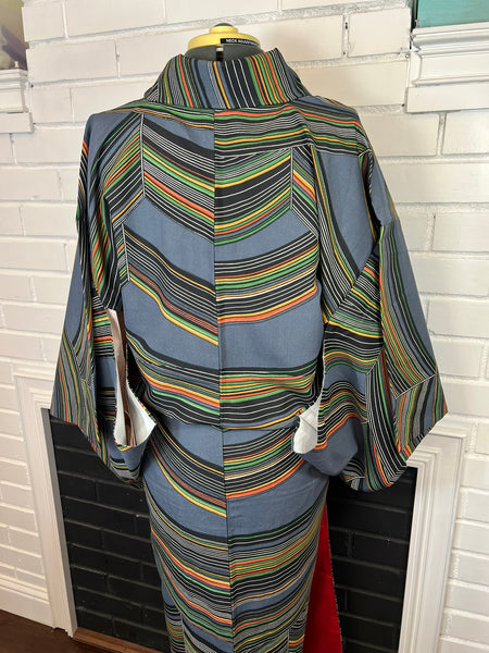 Vintage Japanese Kimono | Blue Gray Striped with Geometric Pattern| Traditional Women’s  Awase (Lined) Kimono