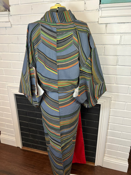 Vintage Japanese Kimono | Blue Gray Striped with Geometric Pattern| Traditional Women’s  Awase (Lined) Kimono