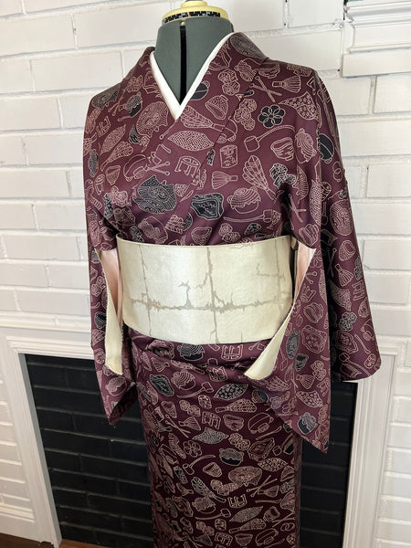 Vintage Japanese Kimono | Burgundy Awase with Tea Ceremony & Nature Motif – Authentic Traditional Wear