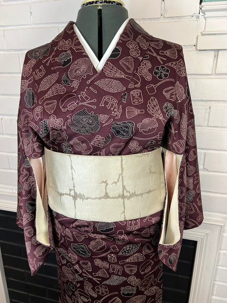 Vintage Japanese Kimono | Burgundy Awase with Tea Ceremony & Nature Motif – Authentic Traditional Wear