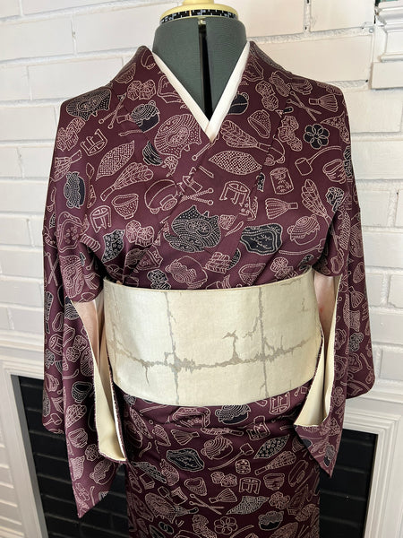 Vintage Japanese Kimono | Burgundy Awase with Tea Ceremony & Nature Motif – Authentic Traditional Wear