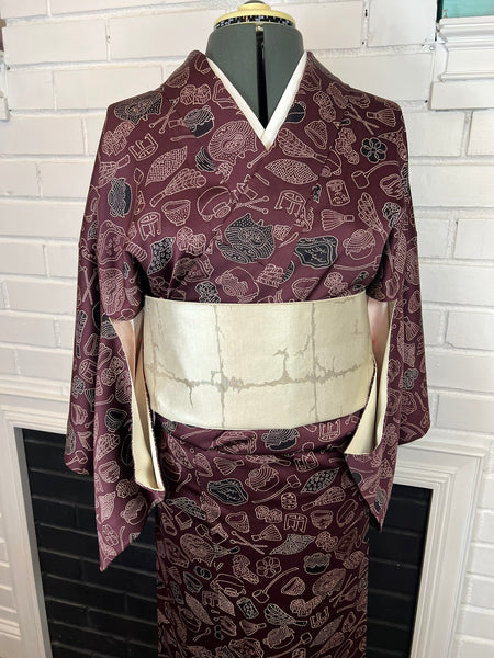 Vintage Japanese Kimono | Burgundy Awase with Tea Ceremony & Nature Motif – Authentic Traditional Wear