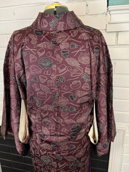 Vintage Japanese Kimono | Burgundy Awase with Tea Ceremony & Nature Motif – Authentic Traditional Wear
