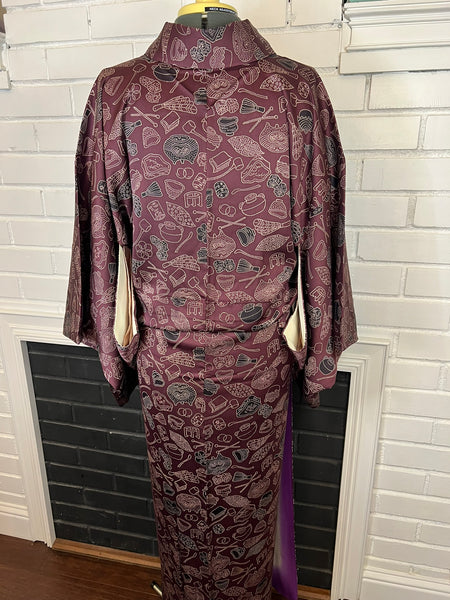 Vintage Japanese Kimono | Burgundy Awase with Tea Ceremony & Nature Motif – Authentic Traditional Wear