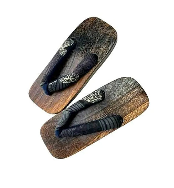 Japanese Children's Geta Sandals – Dark Grain Wood with Koi & Wave Pattern Straps, Size: US Youth 3